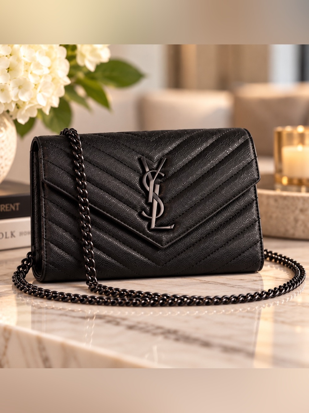 YSL Branded Black-on-Black Caviar Chevron Chain Shoulder/Crossbody Bag